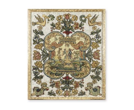 A needlework pictureMid 18th century, French The shaped centre panel designed with a young lady holding a chain of flowers, t