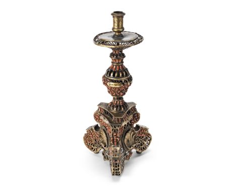 An Italian Trapani gilt-copper and coral-mounted candlestickLate 17th / early 18th century, adapted and mounted as a lampRedu
