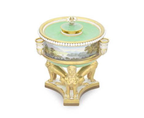 A Flight, Barr and Barr Worcester inkwell and cover, circa 1815-20Of shallow circular form, raised on three gilt sphinx suppo