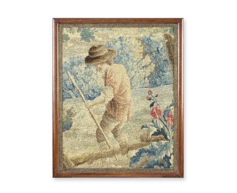 An Aubusson tapestry fragmentLate 18th centuryDesigned with a pastoral scene, including a farm hand, woven in silk and wool, 