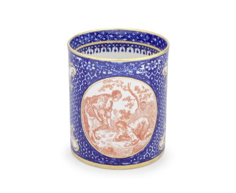 A very rare Flight Worcester mug, circa 1785Of generous cylindrical form, the underglaze blue ground printed with honeycomb d