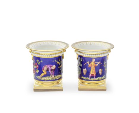 A pair of unusual Flight, Barr and Barr Worcester spill vases, circa 1825Of squat, cylindrical form on square plinths, fixed 