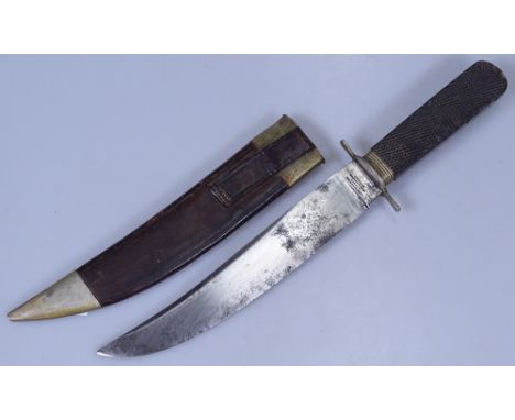 A carved horn-handled hunting knife by Joseph Haywood of Sheffield, original nickel and leather scabbard, length 13"