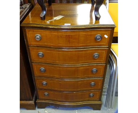 A reproduction mahogany serpentine front chest, with 5 drawers, satinwood inlaid decoration, bracket feet, W61cm