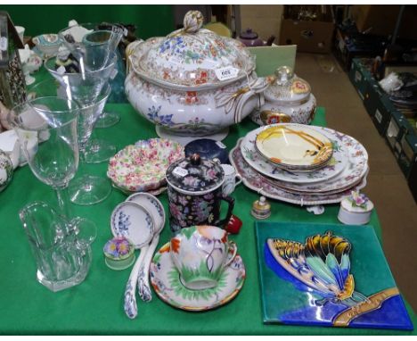 Chintzware, decorative plates, a tureen, and various glassware