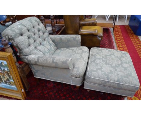 A good quality button-back upholstered lounge armchair and matching footstool, originally purchased from Harrods