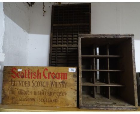 A Watney's beer crate, a Whisky box, and a print tray