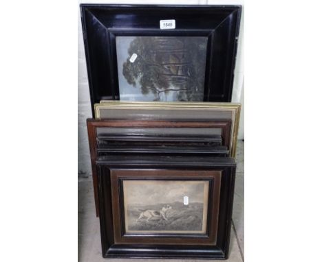 6 Antique engravings, hunting scenes, and framed print