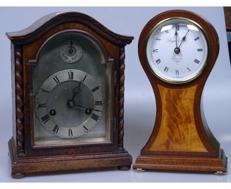 An oak-cased 2-train mantel clock, 10", and a balloon-cased battery clock