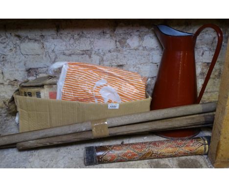 Vintage tools, an enamelled jug, a tilley lamp, a didgeridoo etc 