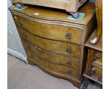 A walnut serpentine front 4-drawer chest, on bracket feet, W77cm