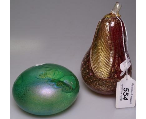 A Murano gilded pear, and a paperweight signed K Heaton