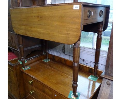 A Regency mahogany Pembroke table, with end frieze drawer, raised on ring turned legs, W54cm