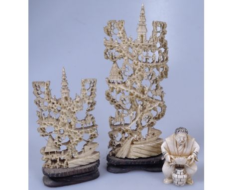 2 19th century Chinese bone carvings, and a Chinese ivory netsuke of a man holding a crab (3)