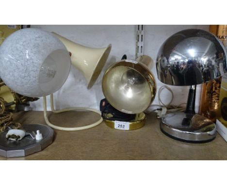 A Vintage painted metal desk lamp, an Art Deco lamp with a mottled glass shade, height 9.5", and 2 others