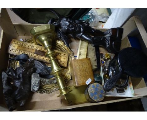 A workbox and contents, and a box with mirrors, a candle stick, costume jewellery etc 