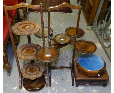 An oak monoplane 5-section folding cake stand, a carved hardwood 3-tier folding cake stand, a horseshoe crumb scoop and brush