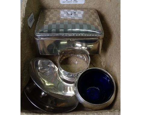 A silver cigarette box, a pair of silver dishes, a salt pot and napkin ring