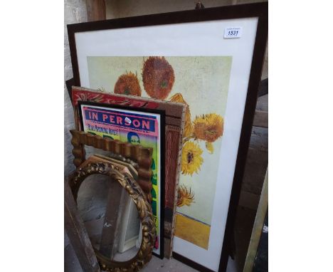 Gilt-framed mirrors, B B King poster, tapestry etc