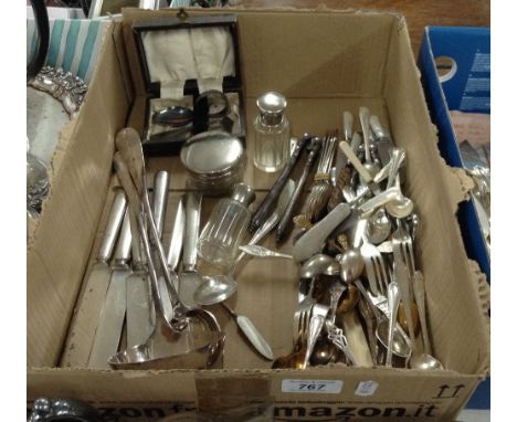 A plated ladle and stuffing spoon, cutlery, dinner knives etc