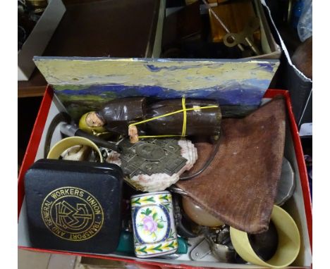 A carved wood monk, a trinket box, a lighter, miniature figures etc
