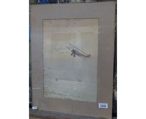 R Esdaile Richardson, watercolour, bi-plane over the coast