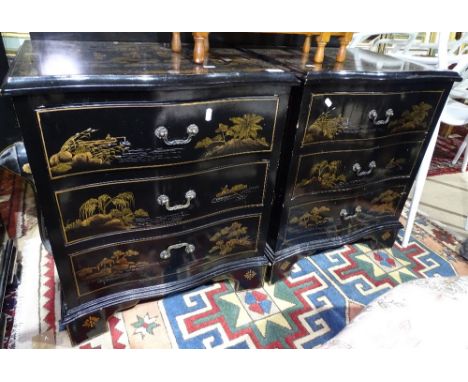 A pair of Chinese black lacquered serpentine-front chests, with 3 drawers, bracket feet and chinoiserie decoration, W56cm, H6