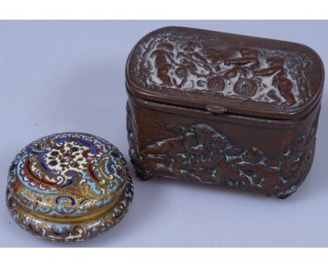 A relief embossed Classical design copper box, width 3.5", and a small French champleve enamel circular box, diameter 2"