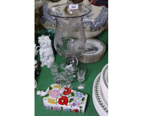 A Waterford Crystal cat, an etched vase, a flask etc