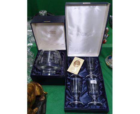 Boxed Caithness 1977 Jubilee glasses, and a boxed Caithness vase with engraved flowers