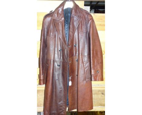 A brown leather man's coat, lined, with belt