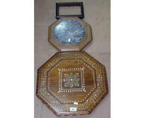 A Chinese rosewood stand, lacking centre section, an octagonal hardwood and marble centre stand, and an octagonal bone inlaid