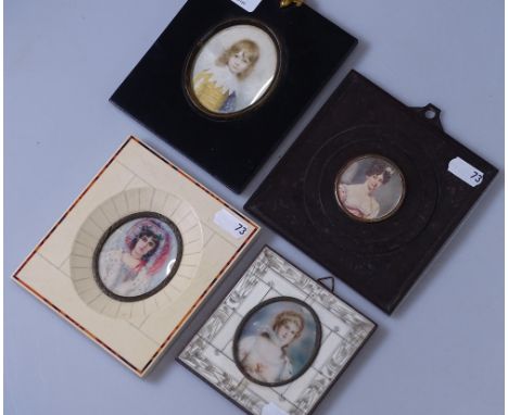 A miniature watercolour portrait of a lady wearing an ermine cloak, and 3 other printed miniature portraits (4) 