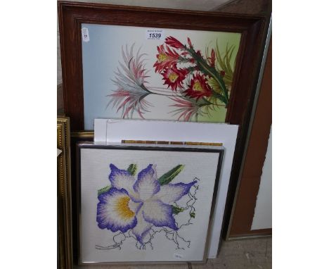 A framed painted ceramic panel, flower study, and various other prints