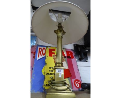 A Corinthian column brass table lamp and shade, 25" overall
