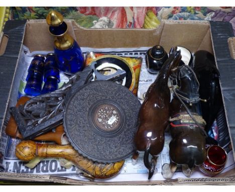 A Melba Ware horse, dishes, a decanter set etc