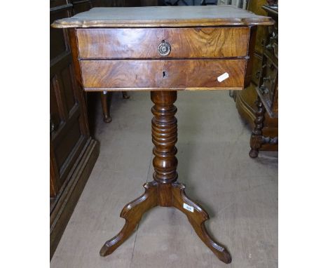 A Victorian walnut 2-drawer work table on tripod base, W46cm