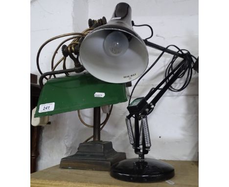 A Vintage adjustable desk lamp with green enamel shade, and a table-top angle poise desk lamp