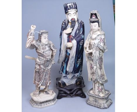 3 carved bone Oriental figures with painted decoration, tallest 16.5"