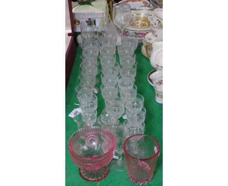 Cut glass wine glasses, matching sherries and liqueurs, and other glassware