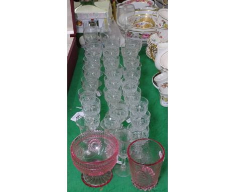 Cut glass wine glasses, matching sherries and liqueurs, and other glassware