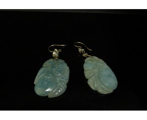 A pair of carved jade gourd drop earrings, 5.5cm drop 