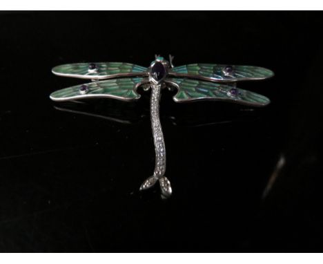 A Piqué a Jour enamel dragonfly brooch with cabochon amethysts and brilliant cut diamonds, stamped 925, 5cm x 7cm, 10.3g 