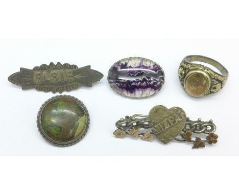 Four silver brooches including a Victorian mizpah brooch, a/f, and a Victorian name brooch, Elsie, and a silver ring