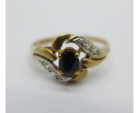 A 9ct gold, sapphire and diamond ring, 1.8g, M