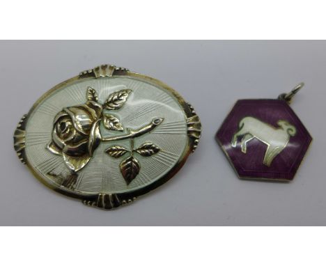 A David Andersen zodiac design silver and enamel pendant and a silver and enamel brooch, enamel damaged on the brooch