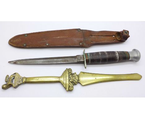 A W.H. Fagan &amp; Sons hunting knife with leather scabbard and a brass letter opener