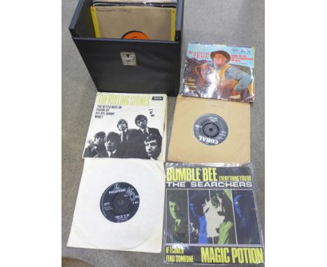 A collection of mainly 1950's and 1960's 7" 45rpm records, Buddy Holly, The Searchers, The Rolling Stones EP, etc.