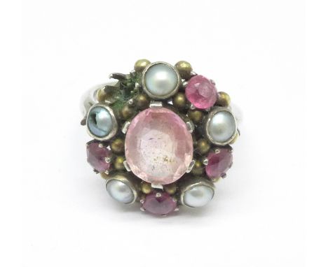 An Arts and Crafts white metal, pink stone and pearl ring, a/f, K