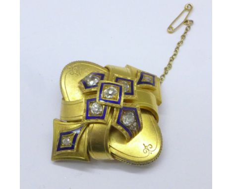 A c.1900 diamond and enamel brooch, set in yellow metal, 18.1g, 42mm x 39mm